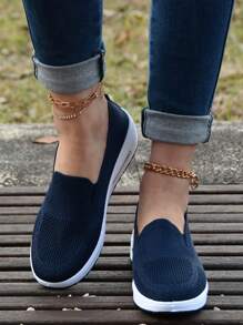 Women's Navy Blue Casual Sports Shoes, Knit Breathable Soft Sole Comfortable Wedge Platform Sneakers, Minimalist Slip-On Athletic Shoes - Dark Blue - View 4