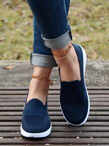 Women's Navy Blue Casual Sports Shoes, Knit Breathable Soft Sole Comfortable Wedge Platform Sneakers, Minimalist Slip-On Athletic Shoes - Dark Blue - View 3