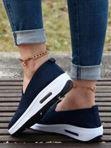 Women's Navy Blue Casual Sports Shoes, Knit Breathable Soft Sole Comfortable Wedge Platform Sneakers, Minimalist Slip-On Athletic Shoes - Dark Blue - View 5