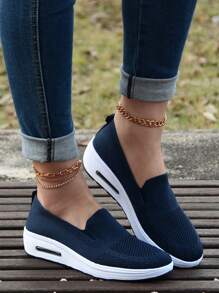 Women's Navy Blue Casual Sports Shoes, Knit Breathable Soft Sole Comfortable Wedge Platform Sneakers, Minimalist Slip-On Athletic Shoes - Dark Blue - View 1
