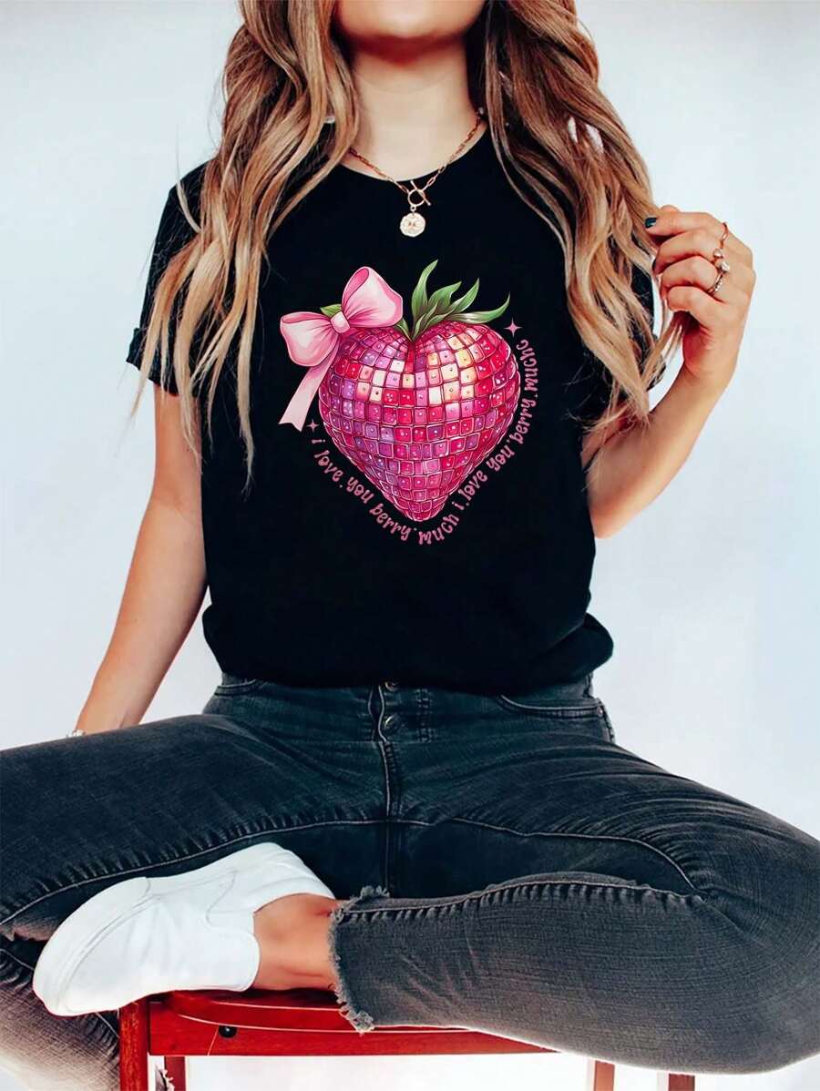 I Love You Berry A Lot Print T-Shirt, Short Sleeve Crew Neck Casual Top For Summer & Spring, Women's Clothing