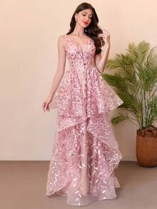 V-Neck Floor-Length Lace Floral Sequin Formal Dress/Princess Style Evening Gown - Dusty Pink - View 7