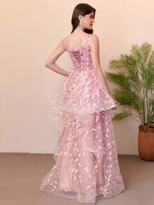 V-Neck Floor-Length Lace Floral Sequin Formal Dress/Princess Style Evening Gown - Dusty Pink - View 4