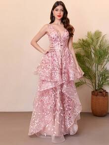 V-Neck Floor-Length Lace Floral Sequin Formal Dress/Princess Style Evening Gown - Dusty Pink - View 5