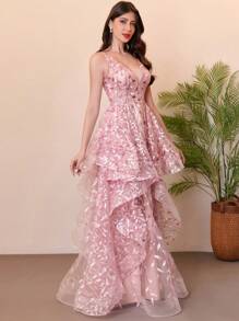 V-Neck Floor-Length Lace Floral Sequin Formal Dress/Princess Style Evening Gown - Dusty Pink - View 2