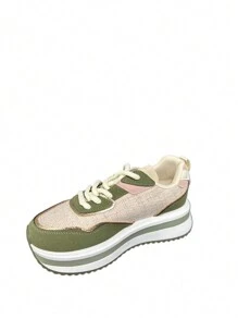 Damen Kontrast-Farbe Dicksohlen Lässig Sport Sneaker, für Alltag & Training - Grün - Übersicht 2