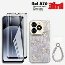 Set 3 en 1: Protector de pantalla de vidrio templado anti-espía de pantalla completa para Infinix Smart 8; Funda de teléfono con pintura líquida con purpurina para Infinix Smart 9; Correa de muñeca con cristales para Infinix, Mi 14T, Itel A70, Infinix Smart 7, Y04, Y29S - 3en1 - Ver 13