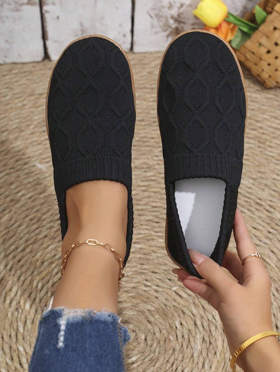 女士时尚休闲针织平底乐福鞋，圆头一脚蹬舒适百搭平底鞋 - 黑色 - 查看 1