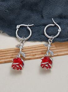 1 Pair Romantic 3d Rose Dangle Earrings For Women Retro Metal Flower Advanced Pendant Earring Silver Color Fashion Jewelry Valentine's Day Gift Valentines - hoa hồng - Xem 5