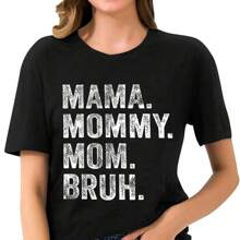 Mama Shirt For Women Letter Print Mama Mommy Mom Bruh 2024 Spring Summer Mother's Day T Shirts Funny Sleeve Casual Tops - 黑色 - 查看 1