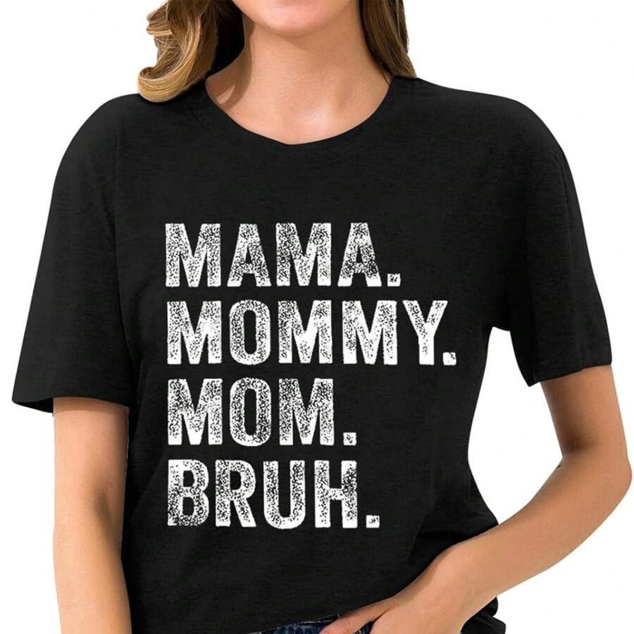Mama Shirt For Women Letter Print Mama Mommy Mom Bruh 2024 Spring Summer Mother's Day T Shirts Funny Sleeve Casual Tops - 黑色 - 查看 1