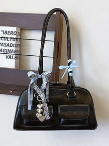 Bolso de hombro de diseño coreano de nicho, bolso de bolos Boston, bolso de hombro con múltiples bolsillos y gran capacidad, con colgante y cinta de color aleatorio - Negro - Ver 6