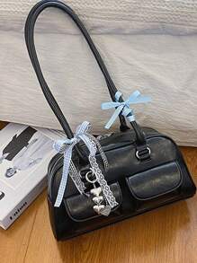 Bolso de hombro de diseño coreano de nicho, bolso de bolos Boston, bolso de hombro con múltiples bolsillos y gran capacidad, con colgante y cinta de color aleatorio - Negro - Ver 7