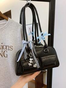 Bolso de hombro de diseño coreano de nicho, bolso de bolos Boston, bolso de hombro con múltiples bolsillos y gran capacidad, con colgante y cinta de color aleatorio - Negro - Ver 10