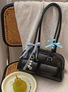Bolso de hombro de diseño coreano de nicho, bolso de bolos Boston, bolso de hombro con múltiples bolsillos y gran capacidad, con colgante y cinta de color aleatorio - Negro - Ver 5