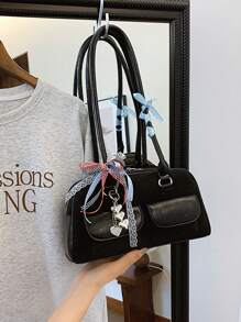 Bolso de hombro de diseño coreano de nicho, bolso de bolos Boston, bolso de hombro con múltiples bolsillos y gran capacidad, con colgante y cinta de color aleatorio - Negro - Ver 11
