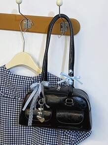 Bolso de hombro de diseño coreano de nicho, bolso de bolos Boston, bolso de hombro con múltiples bolsillos y gran capacidad, con colgante y cinta de color aleatorio - Negro - Ver 9