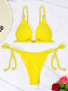 Sexy Tie-Up High Waist 2 Pieces Bikini Swimwear For Women, For Summer Beach Vacation - Yellow - View 4