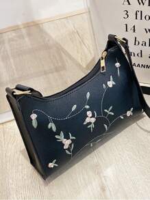 Valentine's Day Gift Set, Women's Shoulder Bag, Lightweight Faux Leather Embroidered Crescent Moon Handbag, Versatile For Daily Use, Zippered Closure, Detachable Strap