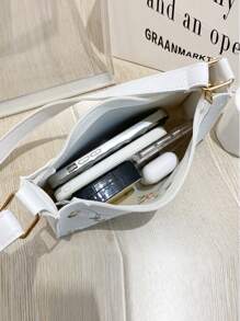 Valentine's Day Gift Set, Women's Shoulder Bag, Lightweight Faux Leather Embroidered Crescent Moon Handbag, Versatile For Daily Use, Zippered Closure, Detachable Strap