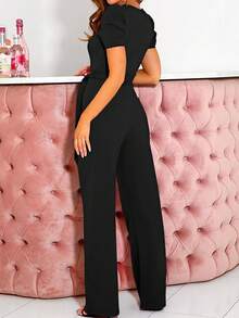 Solid Color V-Neck Waist Cinch Skinny Jumpsuit With Belt