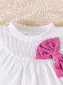 2pcs Young Girl Chic School Style Ribbed Bow Top And Corduroy Pleated Skirt Set, Suitable For Spring Autumn - Hot Pink - View 4