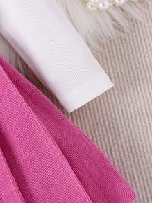 2pcs Young Girl Chic School Style Ribbed Bow Top And Corduroy Pleated Skirt Set, Suitable For Spring Autumn - Hot Pink - View 5