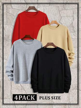 3 件大码男士休闲纯色宽松落肩圆领羊毛运动衫，适合秋冬季