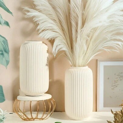 1 件防碎陶瓷塑料花瓶 - 现代简约光泽白色几何轮廓，带纹理哑光细节，不易破碎的桌面装饰，适用于客厅/办公室/画廊，四季单色艺术中心装饰品