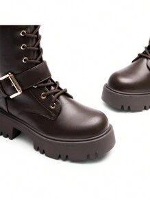 Women's Combat Riding Platform Knee High Boots, Lace Up Fall Lug Sole Gothic Motorcycle Boots With Inside Zipper - màu nâu - Xem 8