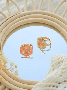 1pc Double-Color Drip Oil Heart Flower Ring For Women, Cute & Sweet Daily Versatile Band, Suitable For Everyday Wear And Gift
