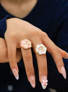 1pc Double-Color Drip Oil Heart Flower Ring For Women, Cute & Sweet Daily Versatile Band, Suitable For Everyday Wear And Gift