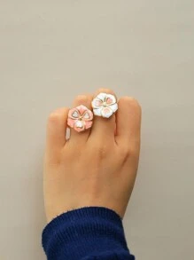 1pc Double-Color Drip Oil Heart Flower Ring For Women, Cute & Sweet Daily Versatile Band, Suitable For Everyday Wear And Gift
