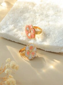 1pc Double-Color Drip Oil Heart Flower Ring For Women, Cute & Sweet Daily Versatile Band, Suitable For Everyday Wear And Gift