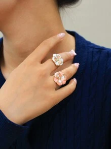 1pc Double-Color Drip Oil Heart Flower Ring For Women, Cute & Sweet Daily Versatile Band, Suitable For Everyday Wear And Gift
