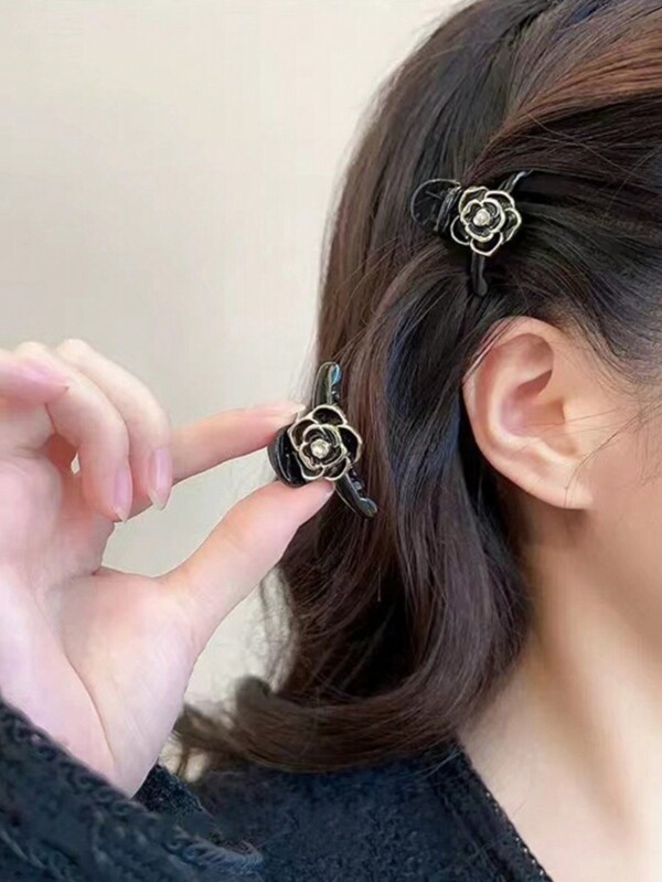 2Pcs Mini Camellia Faux Pearl Hair Claws Zinc Alloy Strong Hold Hair Clips For Daily Party Beach Holiday Decoration Valentines, School Stuff