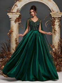 Gorgeous Extra-Long Mesh Sleeves Contrast Sequin Beaded Dress Formal Evening Women Dresses Wedding Guest Dress Bridesmaid Dresses Princess Dress For Women For Dinner, Wedding, Cocktail Party, Back To School, Graduation,Valentine's Day, New Year Party, Easter, Holiday, Summer Women Outfit