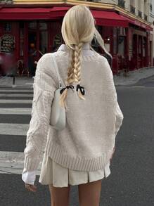 Classic Cable Knit Solid Crew Neck Casual Pullover Sweater - Apricot - View 2