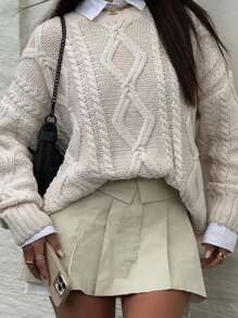 Classic Cable Knit Solid Crew Neck Casual Pullover Sweater - Apricot - View 3