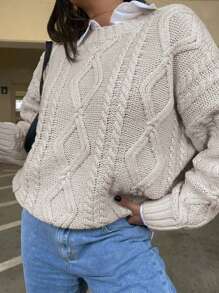 Classic Cable Knit Solid Crew Neck Casual Pullover Sweater - Apricot - View 6