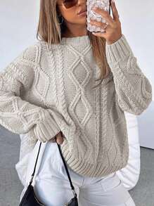 Classic Cable Knit Solid Crew Neck Casual Pullover Sweater - Apricot - View 7