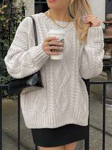 Classic Cable Knit Solid Crew Neck Casual Pullover Sweater - Apricot - View 8