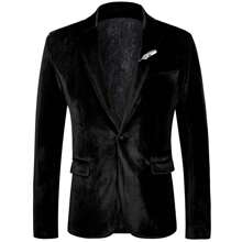 Men's Notch Lapel Velvet Blazer Slim Fit One Button Sport Coat Tuxedo Jacket For Prom Wedding Party Dinner - 黑色 - 查看 1