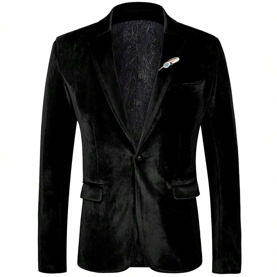 Men's Notch Lapel Velvet Blazer Slim Fit One Button Sport Coat Tuxedo Jacket For Prom Wedding Party Dinner - 黑色 - 查看 1