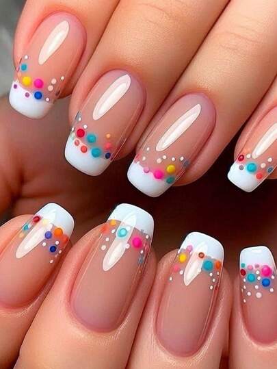 Una caja de 24 uñas cortas cuadradas, con diseños de puntos de colores alegres y degradados, un set de uñas postizas con lima de uñas y pegamento de gel, apropiado para mujeres y niñas, este diseño muestra un estilo divertido, perfecto para todas las ocasiones, manteniendo tus dedos perfectos en todo momento