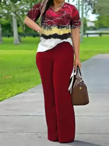 Set de 2 piezas de camiseta de manga larga con cuello en V estampada y pantalones largos casuales - Burdeos - Ver 1