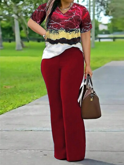 2-częściowy zestaw: luźny T-shirt z długim rękawem i nadrukiem w serek oraz długie spodnie