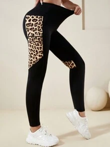 Women High Waisted Leopard Print Pocket Splice Fitness Leggings, High Stretchy Yoga Pants, Athletic & Activewear