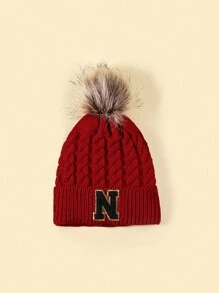 1pc Kids Letter Pattern Fleece Beanie Hat, Winter - Rose Red - View 41