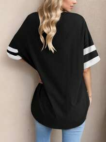 SANOPY Summer Women's Oversized T-Shirt Loose T-Shirt Half Sleeve Crew Neck Round-Neck Streetwear Color Block Cotton Tunic Top